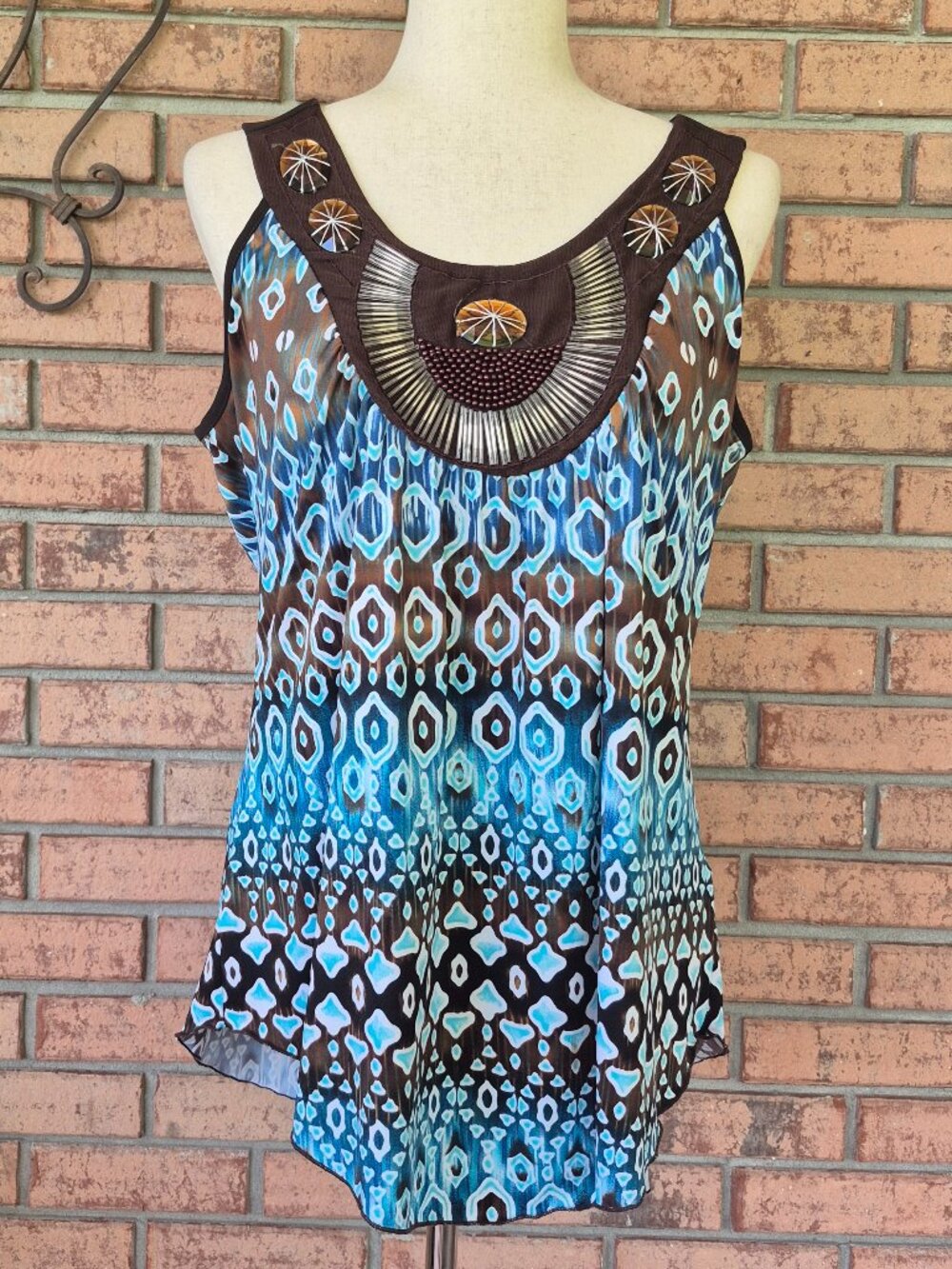 Sleeveless Beaded Top sz XL Teal Blue Brown Boho Stretch